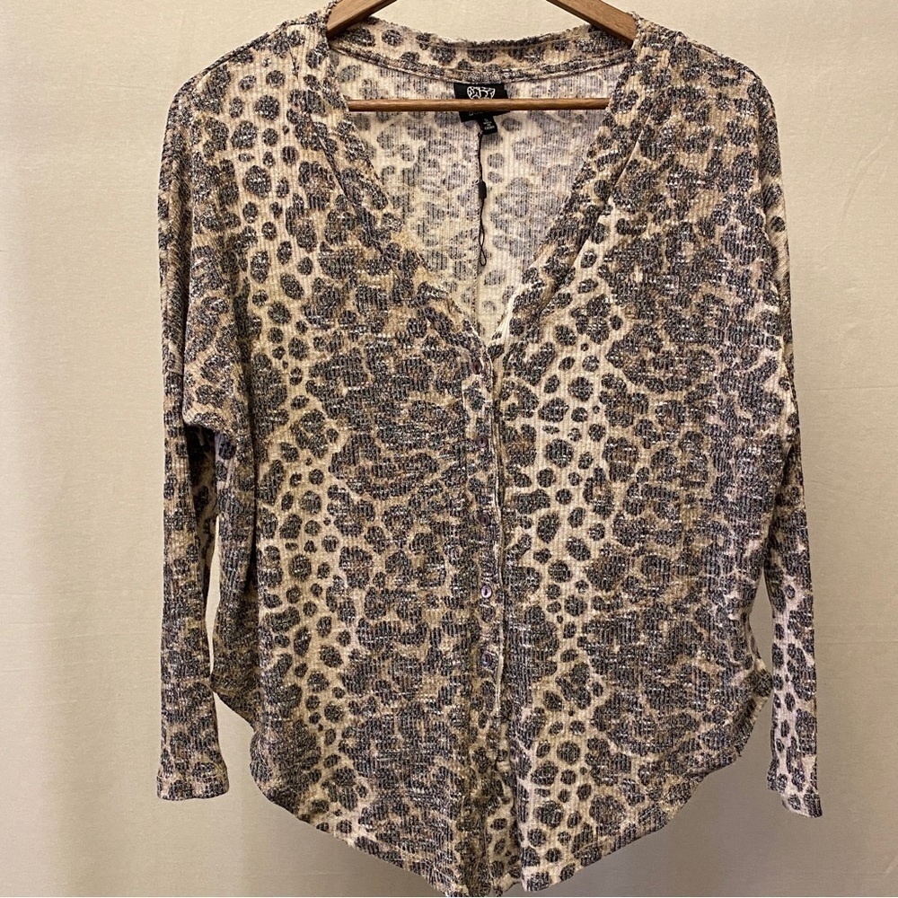 Bobeau Top Tie Front Animal Print Thermal Stretch Blouse Shirt Long Slv Sz Small - Picture 10 of 11